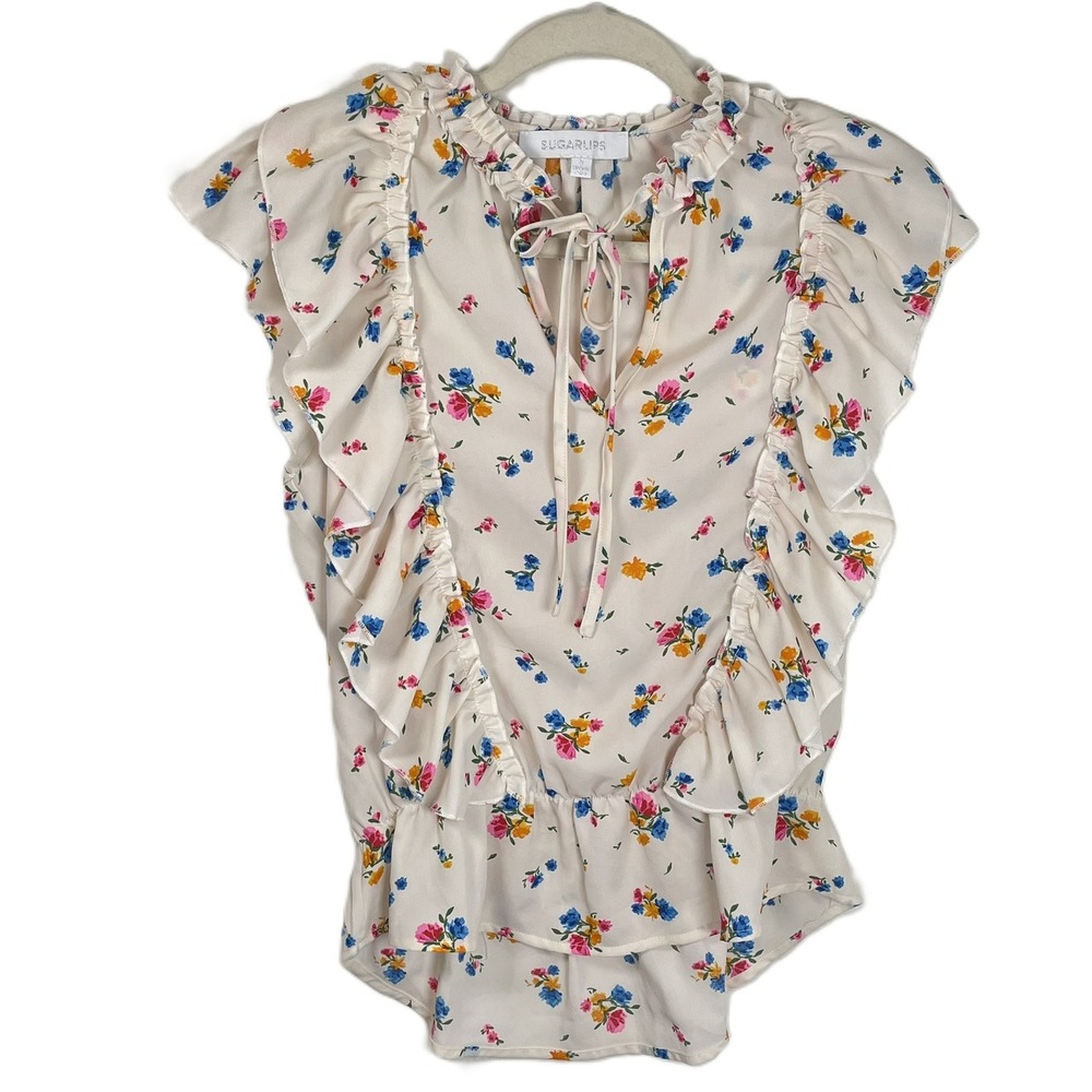 Sugarlips Small Floral Ruffle Peplum Blouse‎ Flutter Sleeve Tie Neck Cottagecore